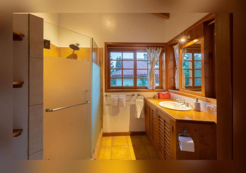 a bathroom with a shower and a sink at Love Nest Atitlán in Panajachel