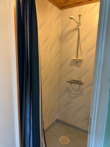 une douche avec un rideau de douche dans une salle de bain dans l'établissement Stora Torget B&B, à Eksjö