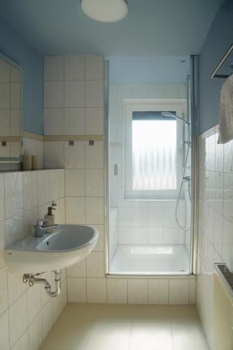 a bathroom with a sink and a shower at Küstenbutze Büsum in Büsum