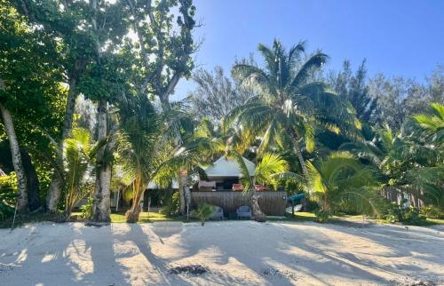 HaapitiにあるFare One Island Mooreaのヤシの木が植えられた浜辺の家