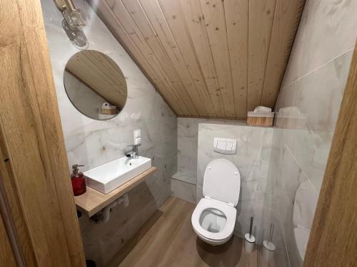 a small bathroom with a toilet and a sink at Mazurski Chill House in Małkinie