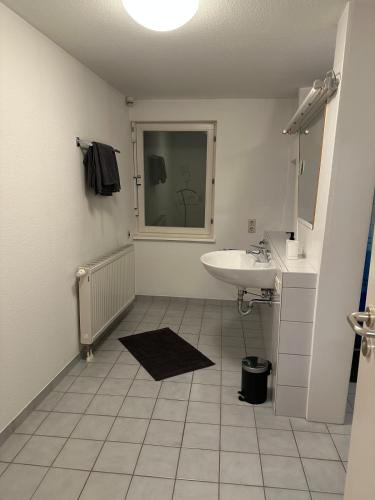 a white bathroom with a sink and a mirror at Voll ausgestattetes Apartment direkt in der City in Herrenberg