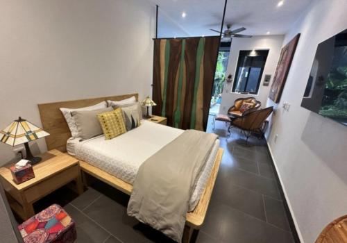 a bedroom with a bed and a desk and a chair at Casita Cobojo in Bucerías