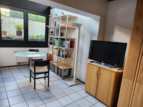 a living room with a tv and a table and a table and a chair at Art in Nature in Münzenberg
