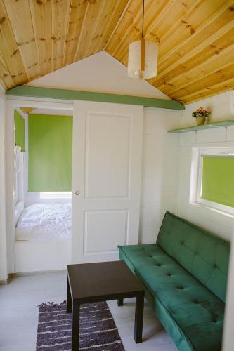 a living room with a green couch and a bed at Pura Vida Downtown Tiny houses in Bucharest