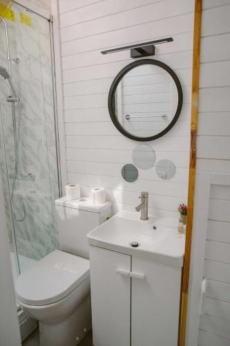 a bathroom with a toilet and a sink and a mirror at Pura Vida Downtown Tiny houses in Bucharest