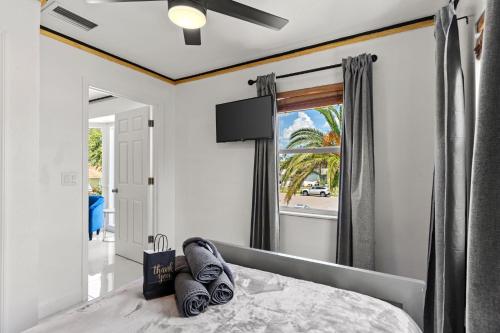 a bedroom with a bed with a ceiling fan and a window at Doral Beach in Tampa