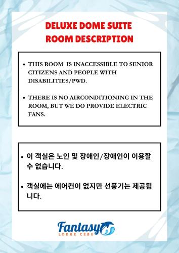 a sign that reads route done suite room description this room is inaccessible to station at Fantasy Lodge in Samboan