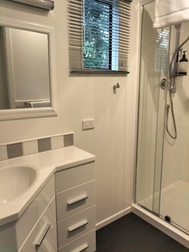 a bathroom with a sink and a shower at Cosy cottage close to town in Whangarei