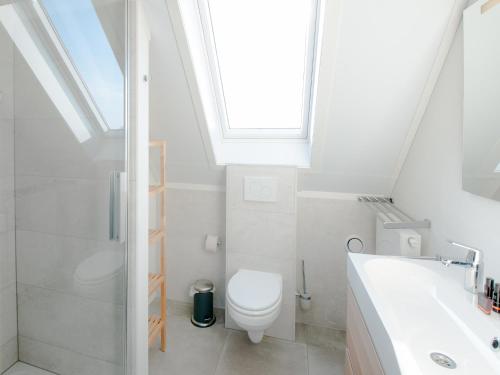 a bathroom with a toilet and a sink and a skylight at Villa Oesterdam Sleeps 8 persons in Tholen