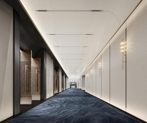 a corridor of a hospital hallway with a blue carpet at HUALUXE Shenzhen Bao'an in Shenzhen