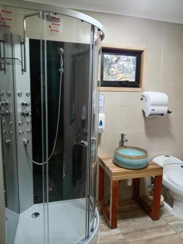 a bathroom with a shower and a toilet at Rukawe Quillon in Quillón