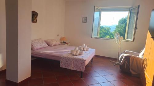 a bedroom with a bed and a window and a table at Villa Francesca 2 in Celle di Bulgheria