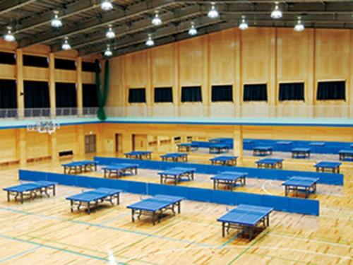 a gymnasium with blue tables and a basketball court at Hotel New Otsuka in Shirako