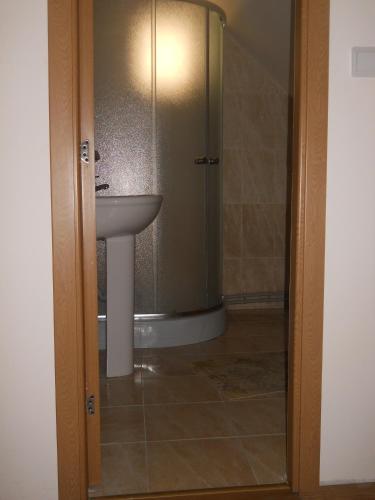 a bathroom with a sink and a shower at Cabana Sestina in Salard