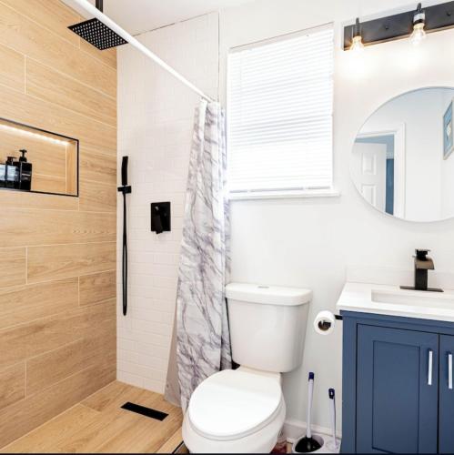 a bathroom with a toilet and a sink and a mirror at Mid City Canal st 2 bedroom cute house in New Orleans