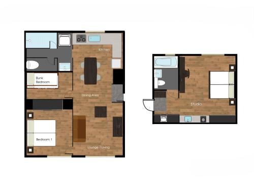 a floor plan and elevation of a condo at SnowDog Village in Niseko