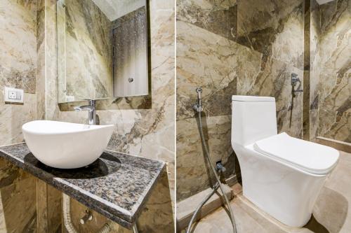 two pictures of a bathroom with a toilet and a sink at Super Townhouse Bairhana Road Prayagraj in Colonelganj