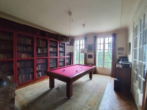 a large room with a pink pool table in it at Château Champêtre 8 chambres, parc 18 ha, 4 étangs in Fontenoy