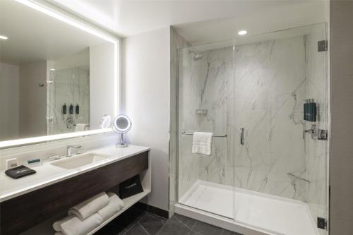 a bathroom with a sink and a shower at Hilton Arlington Rosslyn The Key in Arlington