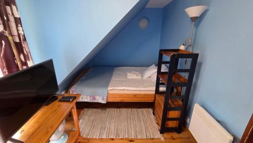 a small room with a bed and a desk with a television at Żółty Domek nad Jeziorem Lubniewice in Lubniewice