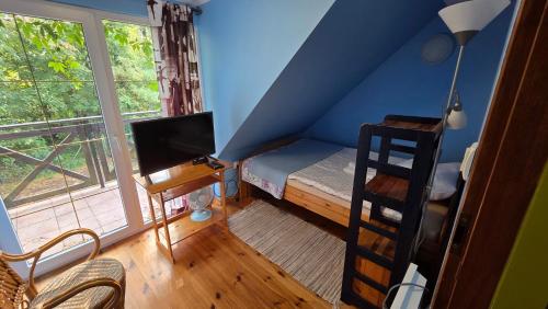 a small room with a bed and a desk with a television at Żółty Domek nad Jeziorem Lubniewice in Lubniewice