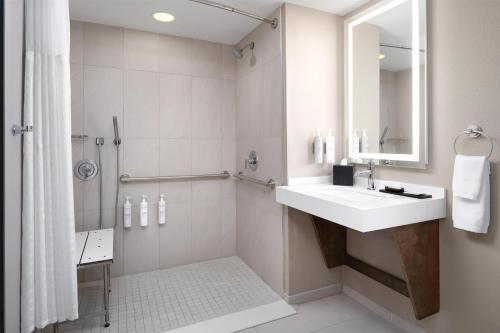 a bathroom with a sink and a shower at Embassy Suites North Charleston Airport Hotel Convention in Charleston
