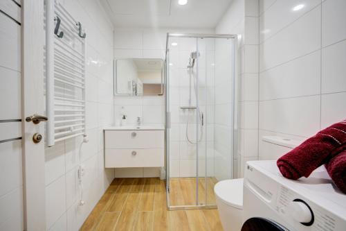 une salle de bains blanche avec douche et toilettes dans l'établissement Pradoli apartament, à Vilnius