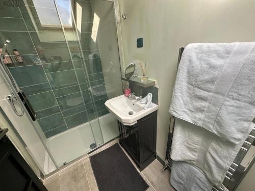 ein Badezimmer mit Waschbecken und Dusche in der Unterkunft Upper Barn at the Flax Mill in Coleraine