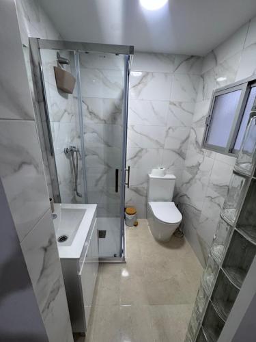 a bathroom with a shower and a toilet and a sink at Alma azul in Puerto de Mazarrón
