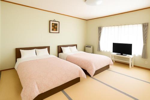 a bedroom with two beds and a television at Belle Vue Nishiura in Minami Uonuma