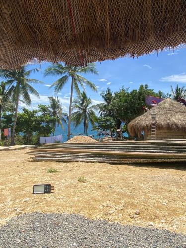 a view of a beach with palm trees and a hut at peaceful turtle camp in Esperanza