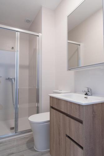 a bathroom with a toilet and a sink and a shower at Oriel family loft in Coslada
