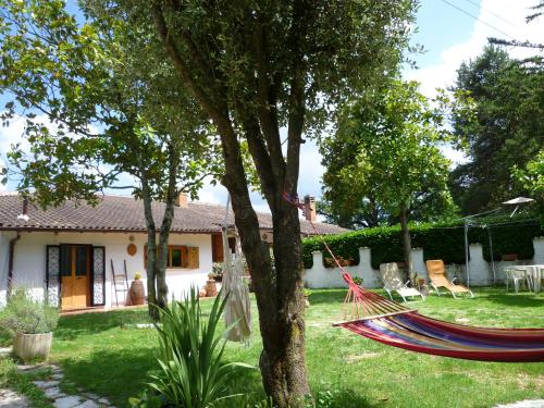 a yard with a hammock in front of a house at B&B Colle di Terria Country House in Contigliano