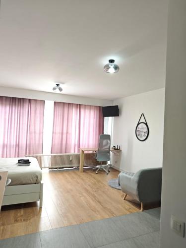 a bedroom with a bed and a couch and a chair at charmante studio 45m2 in Antwerp