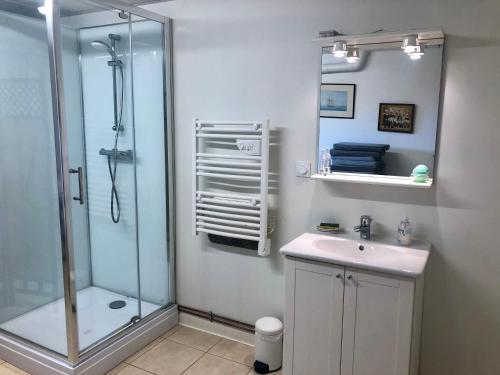 a bathroom with a shower and a sink and a mirror at Villa Tidinghi, plage de Rospico à pied in Névez