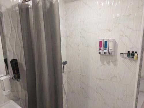 a bathroom with a shower with a shower curtain at Komfort Ilona in Yerevan
