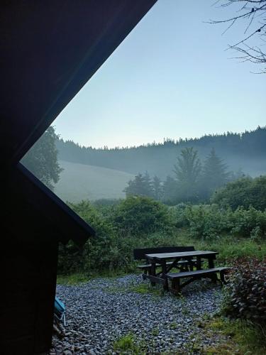 a picnic table with a view of a forest at Chatka Trapera in Bielice