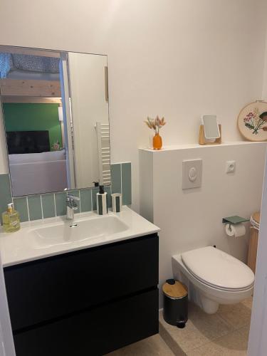 a bathroom with a sink and a toilet at Le nid d'Ambre in Étaples