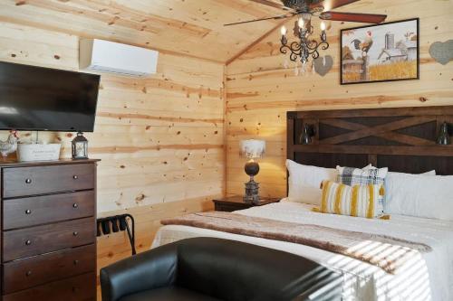 フレデリックスバーグにあるGorgeous Cabin on Main-Steps to Pacific War Museumのベッドルーム(ベッド1台、テレビ、椅子付)