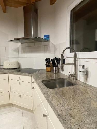 a kitchen with a sink and a counter top at Swiss Escape, Chalet with Private Spa & Easy Train Access in Frinvillier