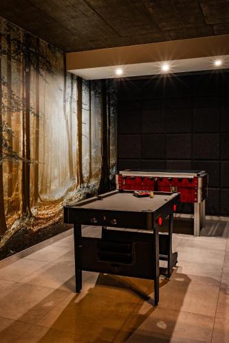 a ping pong table in a room with a wall at CHATA POD PRZEHYBĄ in Stary Sącz