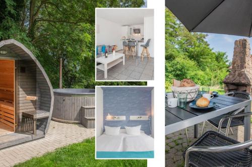 a collage of pictures of a backyard with a gazebo at Ferienanlage Bansin Seepferdchen 5 in Bansin