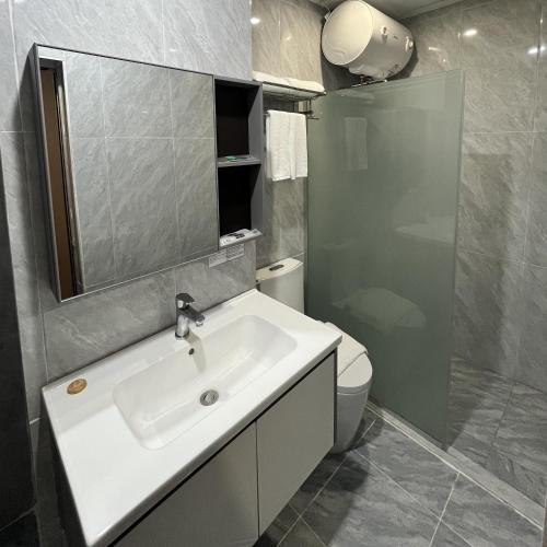 a bathroom with a sink and a toilet and a mirror at Sky Vista Hotel in San Jose