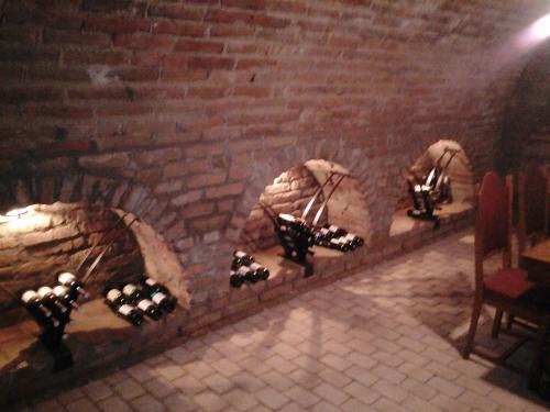 a brick wall with a bunch of bottles of wine at Vila BOHI in Lednice