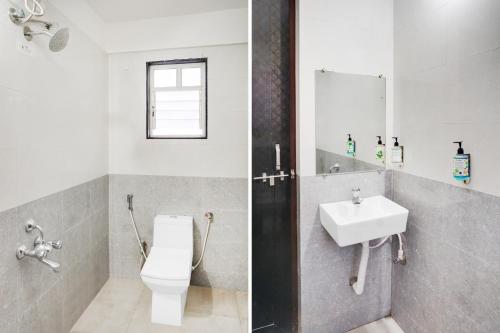 two pictures of a bathroom with a toilet and a sink at Super Townhouse Lohegaon Near Pune Airport formerly Landmark Regency in Pune