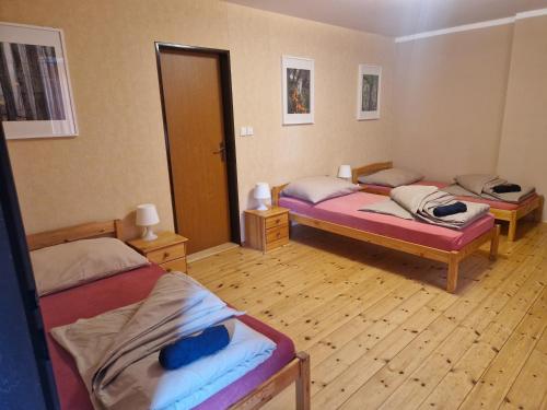 two beds in a room with wooden floors at Penzion Kornout in Bílina