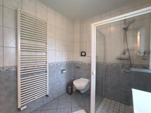 a bathroom with a toilet and a glass shower at FeWo Südertoft - gemütliche Unterkunft für bis zu 3 Personen in Wallsbüll