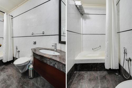 two pictures of a bathroom with a sink and a toilet at Palette MG Road Ernakulam Formerly Harbour View Residency in Cochin