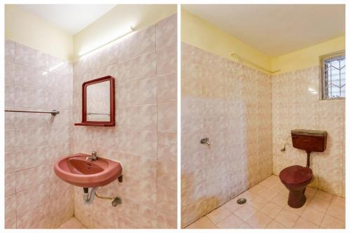 two pictures of a bathroom with a sink and a toilet at Super Collection O Calangute in Goa